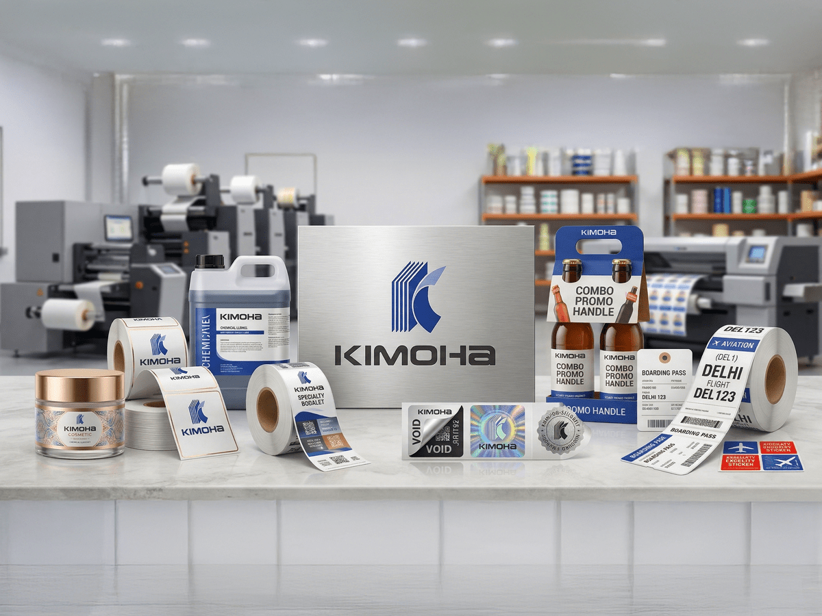 Kimoha custom label manufacturing products including pressure sensitive labels, security VOID stickers, and aviation boarding passes displayed in a printing facility.