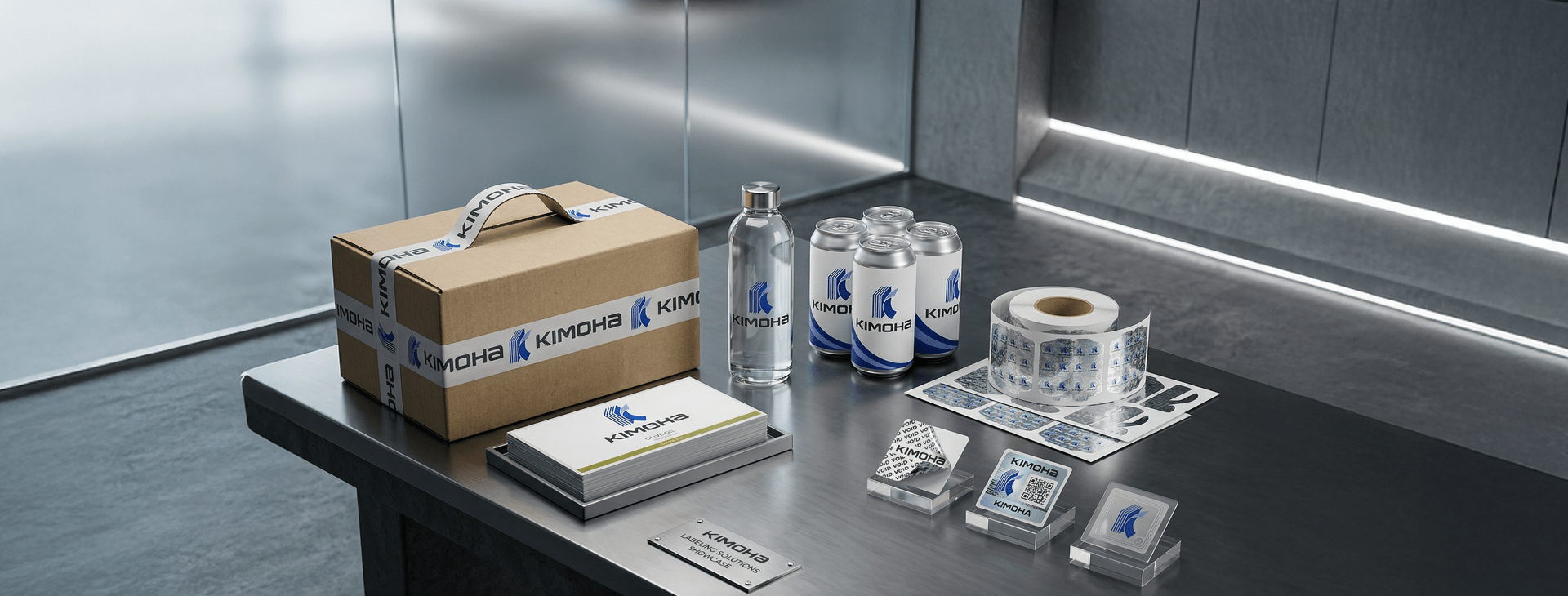 A professional product showcase on a modern metallic table featuring Kimoha India Pvt Ltd labeling solutions, including pressure-sensitive label rolls, wrap-around labels on bottles and cans, cut-and-stack labels in a tray, a branded carry handle label on a box, and specialized holographic security and brand protection tags.