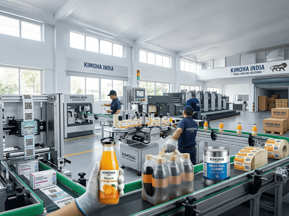 Industrial Label Manufacturer in India. KIMOHA India manufacturing facility showcasing a wide range of labeling solutions including pressure sensitive labels, high-strength carry handles for multi-packs, wrap-around bottle labels, and industrial canisters with specialty stickers.