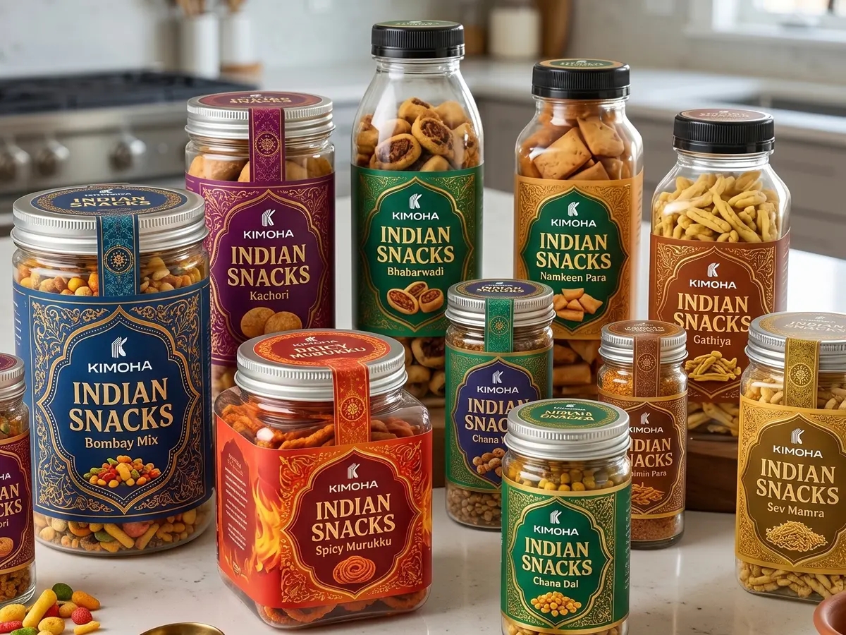 Premium custom labels for snack packaging applied to clear jars of traditional Indian namkeen, showcasing Kimoha India's vibrant and moisture-resistant printing capabilities.