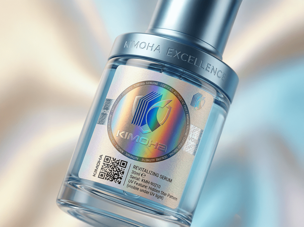 Kimoha anti-counterfeit security label with holographic branding on a personal care product