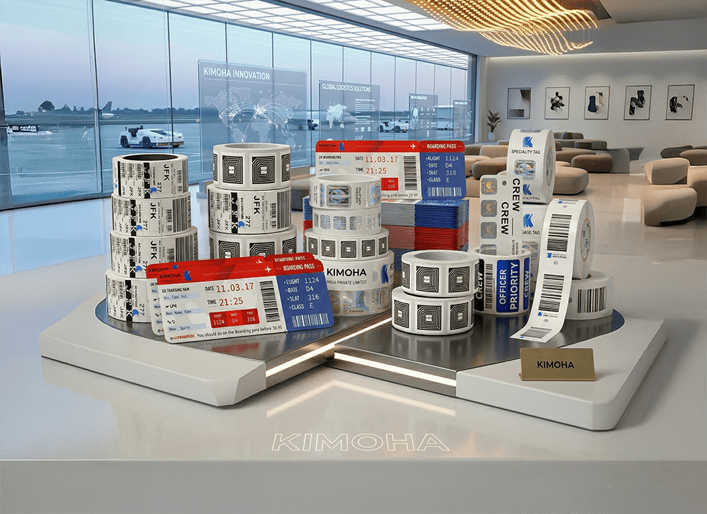 A collection of aviation industry labels including RFID baggage tags and boarding passes displayed in a modern airport lounge.