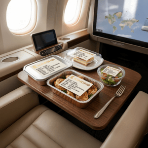 Airline Catering Labels used for clear meal identification on economy and vegetarian flight trays.