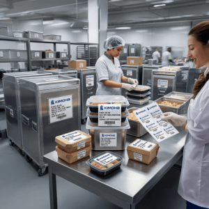 Airline Catering Labels applied to aviation food trolleys and containers in a professional kitchen.
