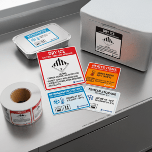 Temperature control and dry ice Airline Catering Labels for refrigerated aviation food storage.